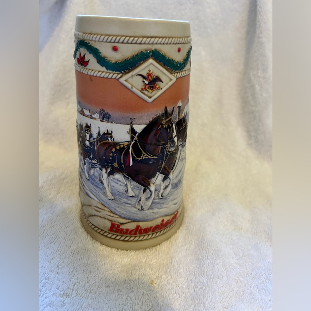 1996 Budweiser "American Homestead" Beer Holiday Stein Mug Ceramarte Brazil